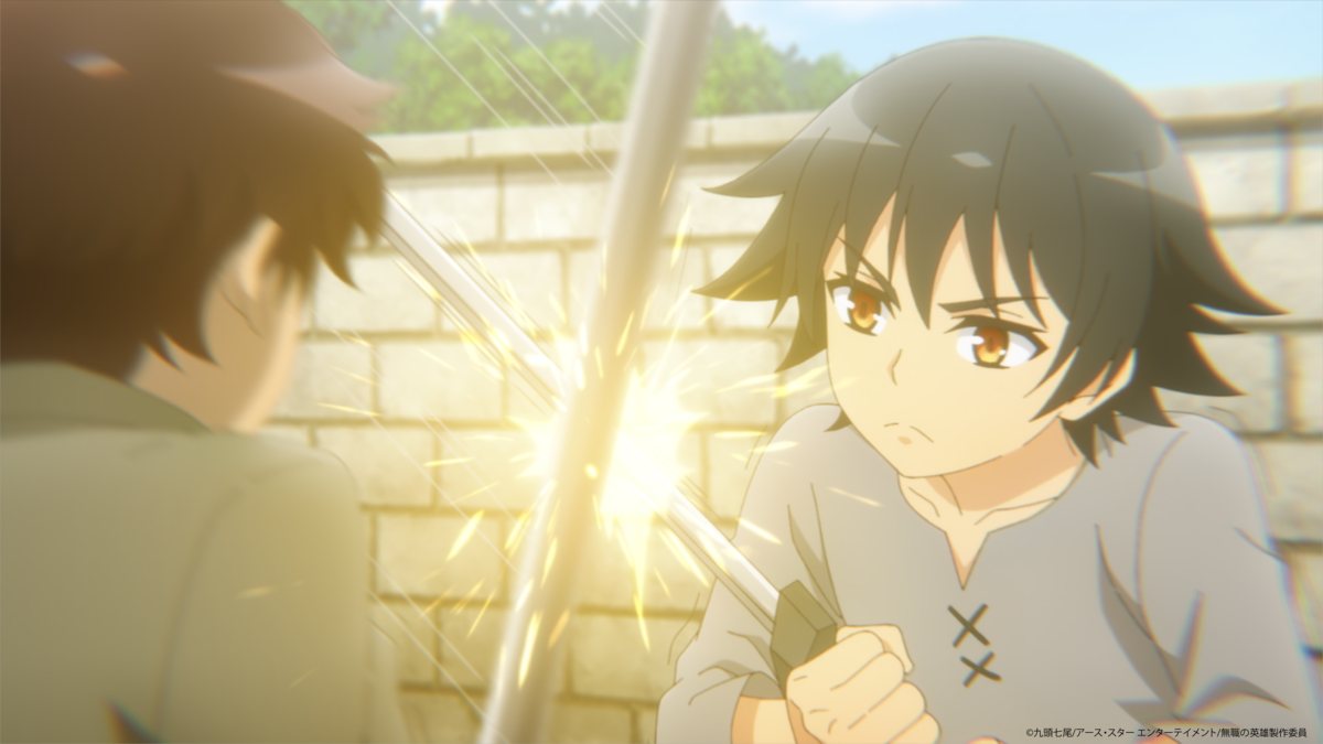 アニメ『無職の英雄』ep.1より、ストイックな鍛錬を重ねて強さを身に着けていく主人公・アレル(CV・小野賢章)